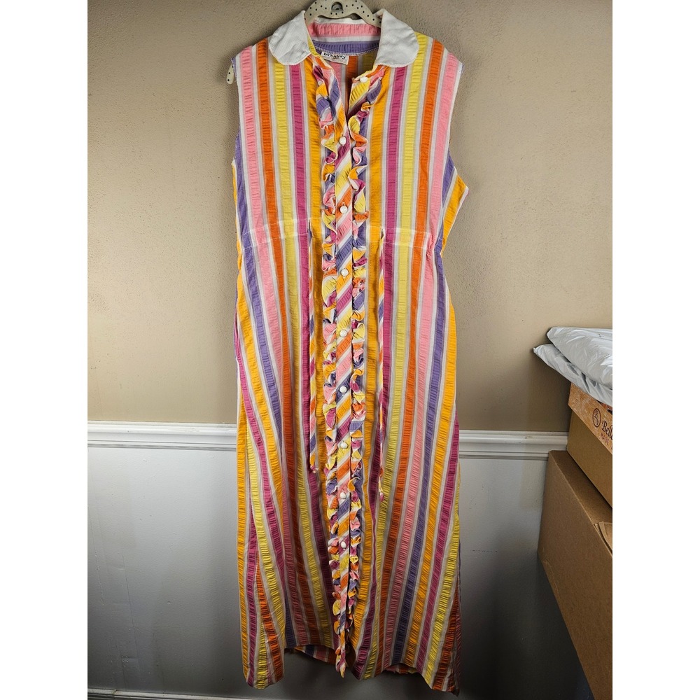 Vintage Dynasty Womens 60's 70's Mod‎ Striped Ruffle Front Maxi Dress Large